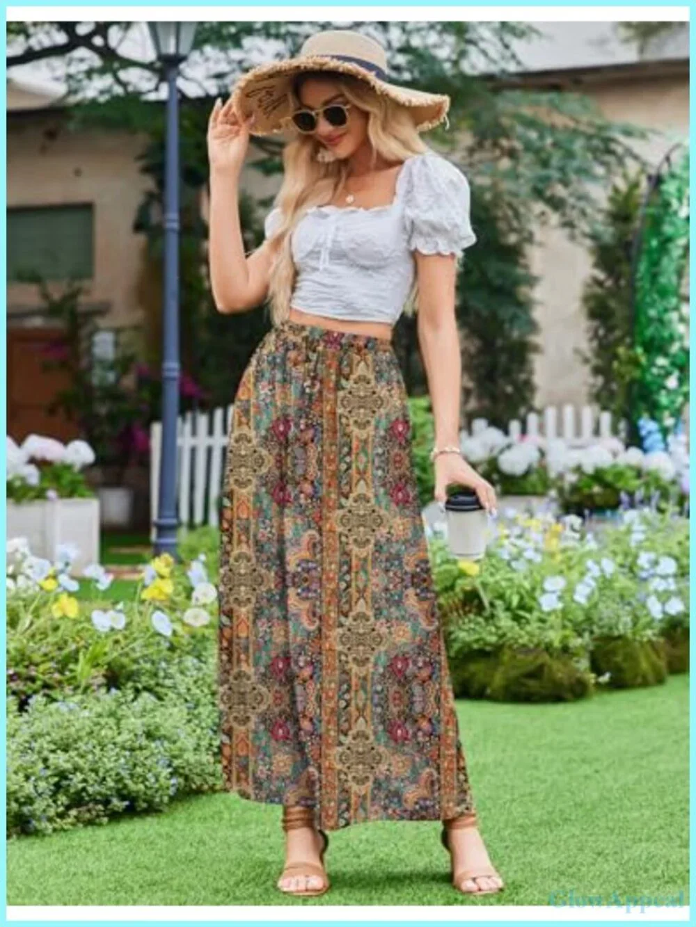 Boho Floral Maxi Skirt High Waist A-Line Long Skirt with Pockets